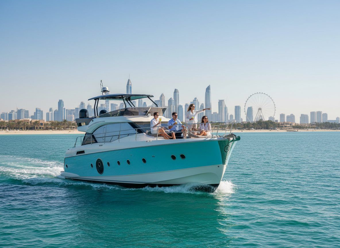 Guests sipping drinks on a flybridge with Ain Dubai landmark behind them