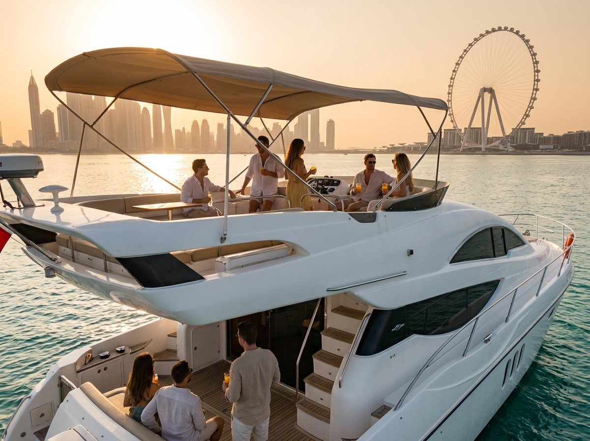 Guests sipping drinks on the flybridge with Ain Dubai and the skyline in the background