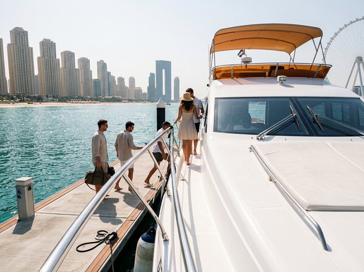 Guests walking onto a motor yacht from the pier on a sunny afternoon