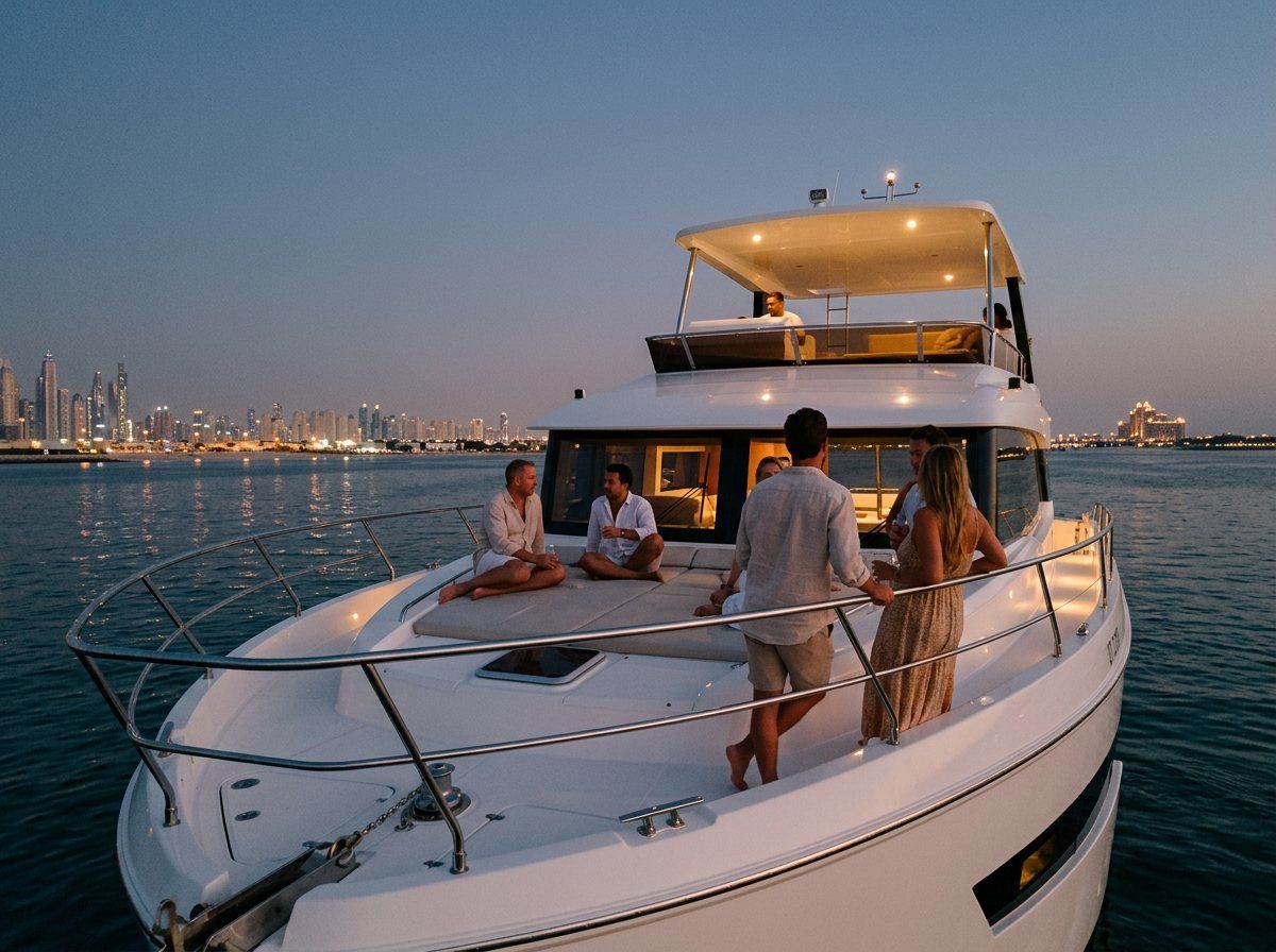 Illuminated Dubai coastline and city lights viewed from a yacht deck at dusk