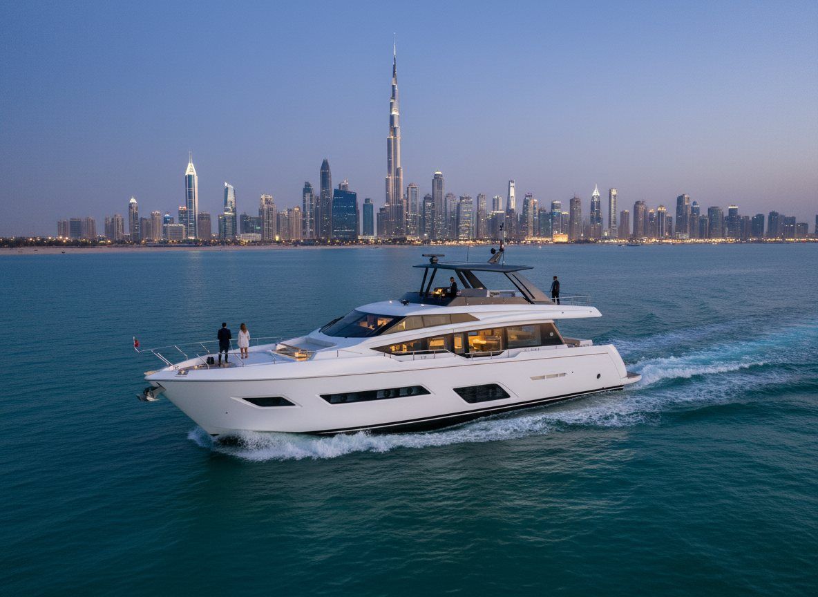 Illuminated Dubai coastline skyline seen from the calm sea at nightfall