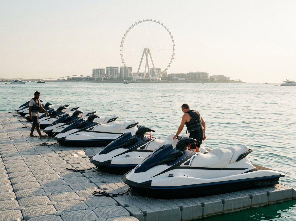 Aufgereihte Jetskis am Steg im Harbour von Dubai vor dem Riesenrad Ain Dubai