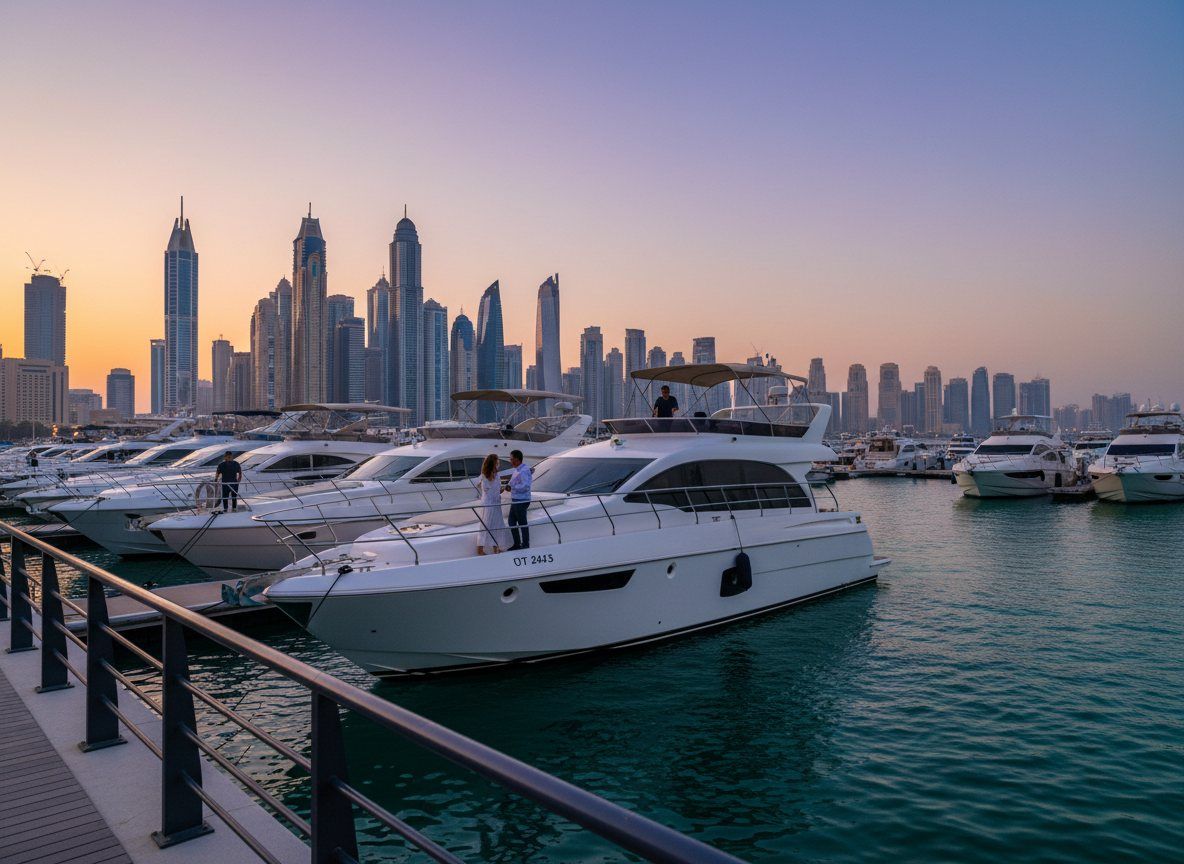 Luxury motor yachts docked at marina pontoon against illuminated Dubai city towers
