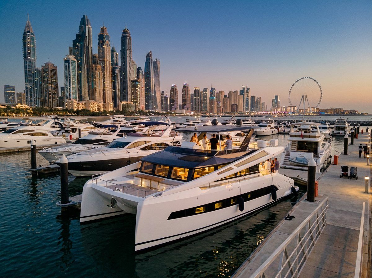Luxury motor yachts docked at marina pontoon against illuminated Dubai city towers