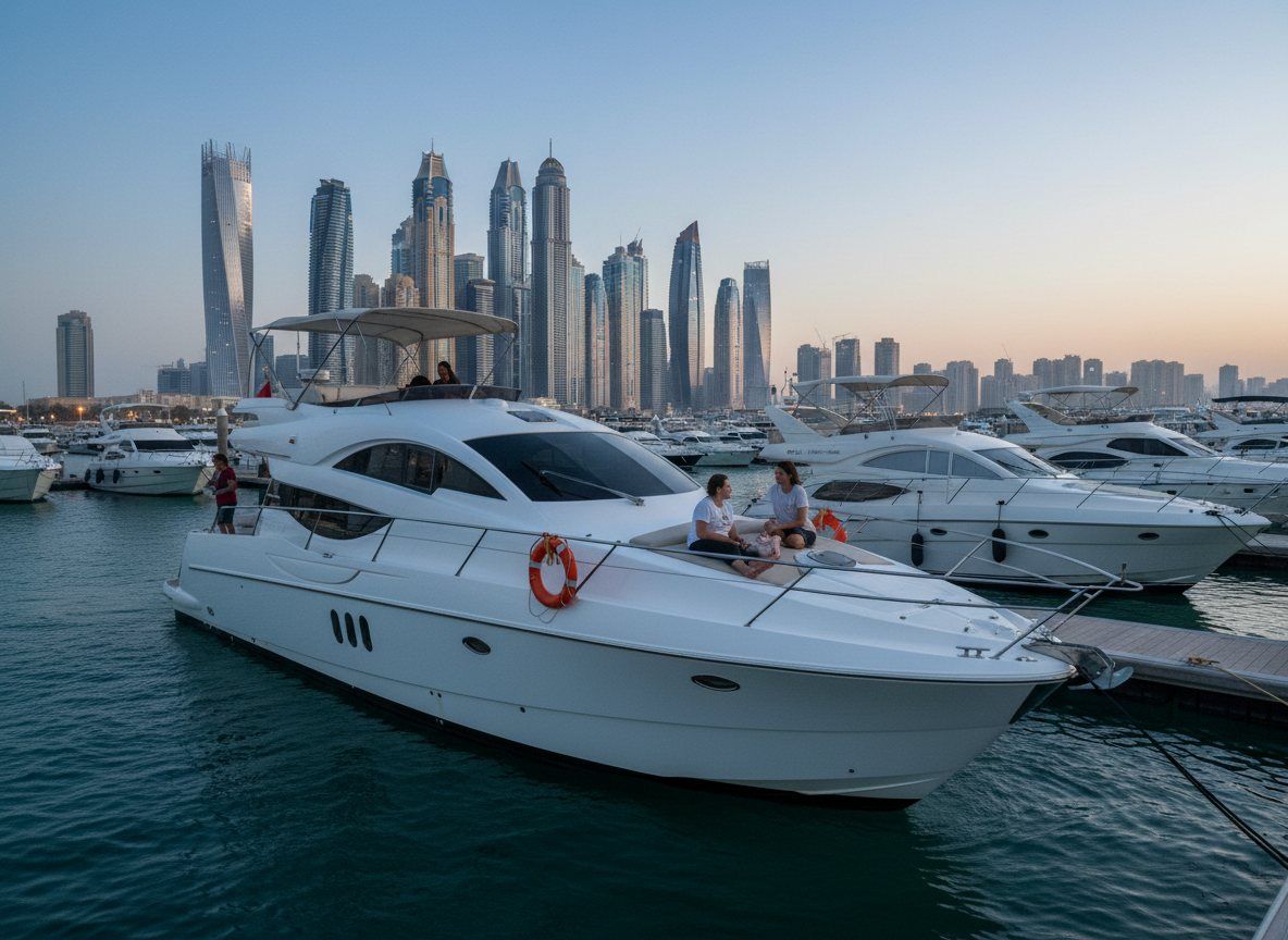 Erleuchtete Motoryachten liegen am Steg der Marina vor der Skyline der Stadt