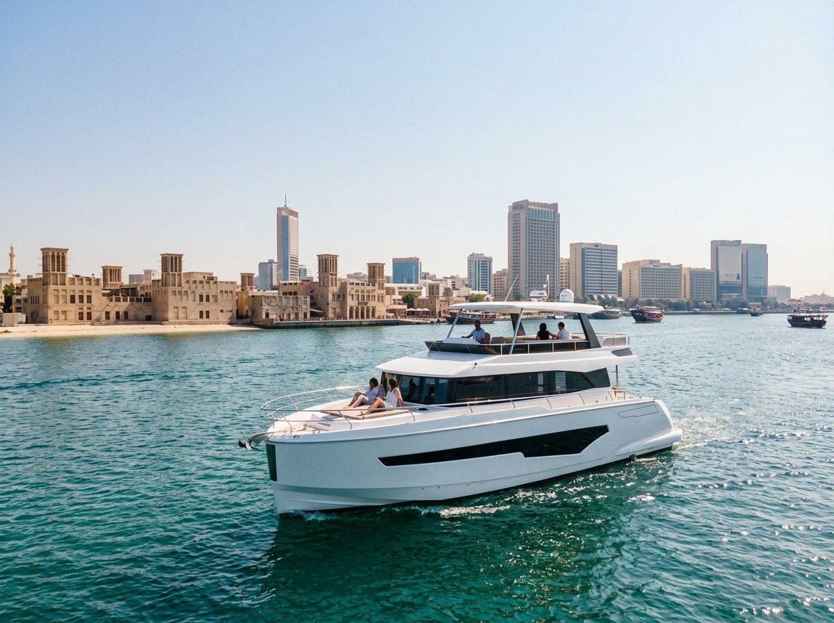 Motor yacht bow cutting through blue sea with the city skyline far behind