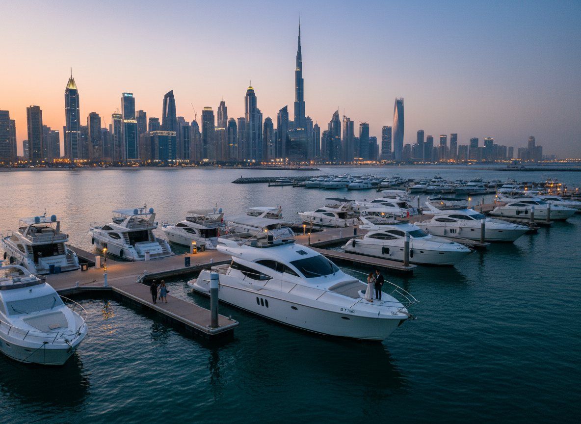 Motor yachts moored along the marina pier with towering Dubai skyscrapers rising behind