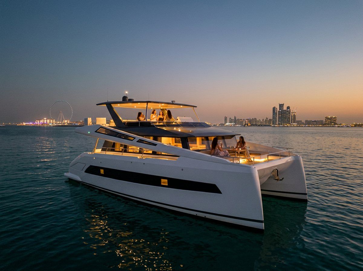 Nighttime view of twinkling Dubai coastal skyline lights across the ocean