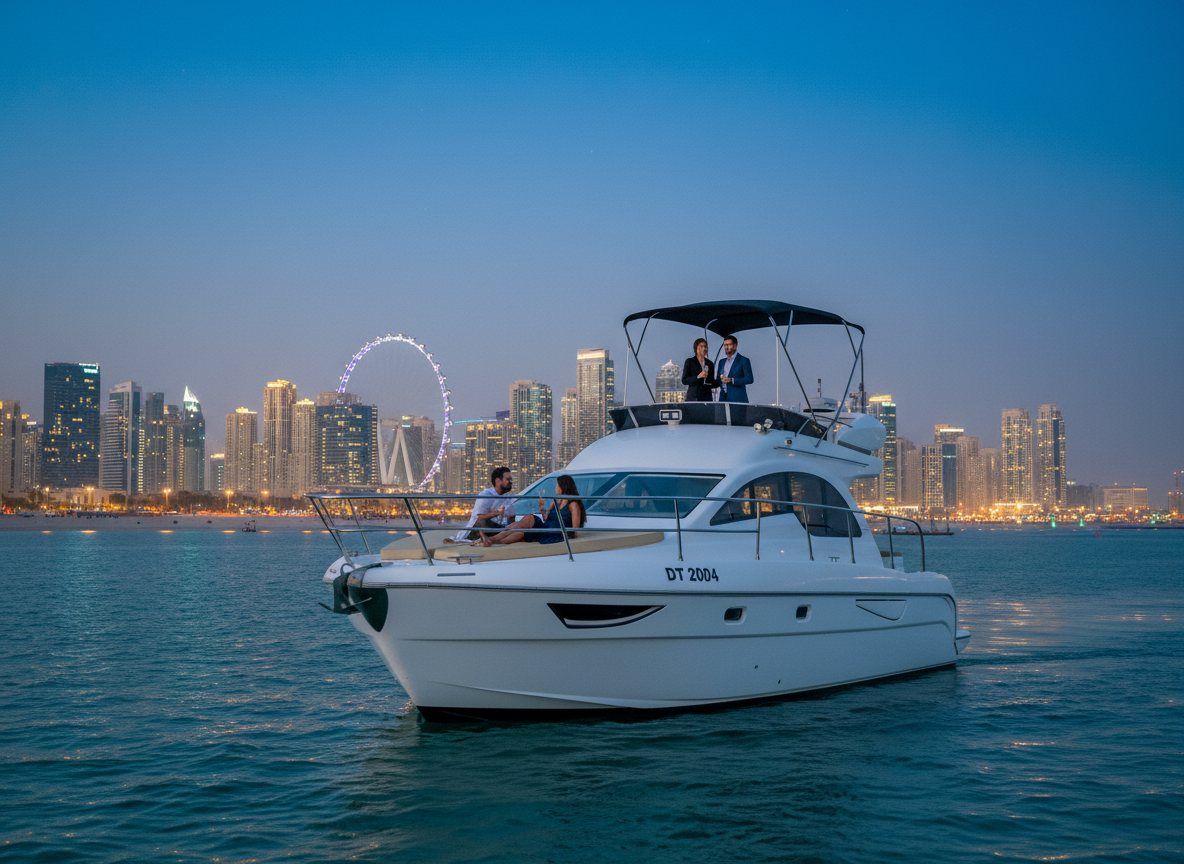 Nighttime view of twinkling Dubai coastal skyline lights across the ocean