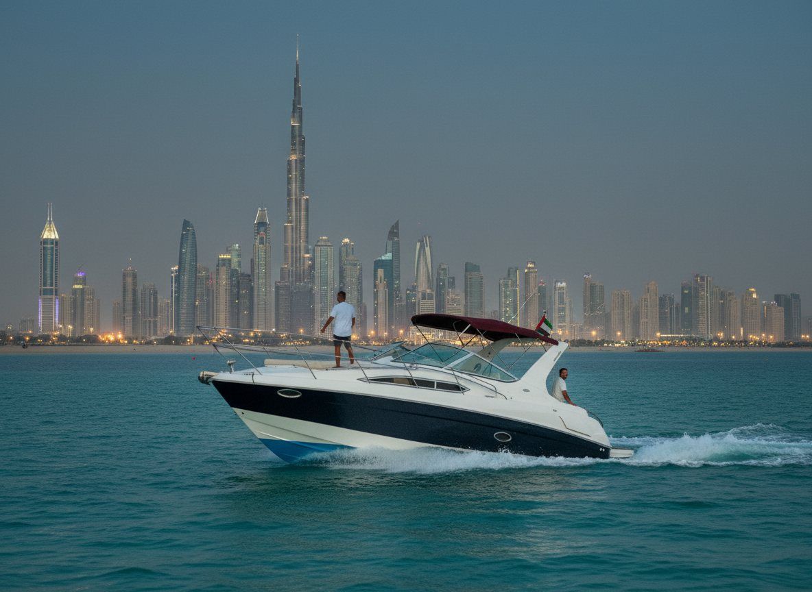 Nighttime view of twinkling Dubai coastal skyline lights across the ocean