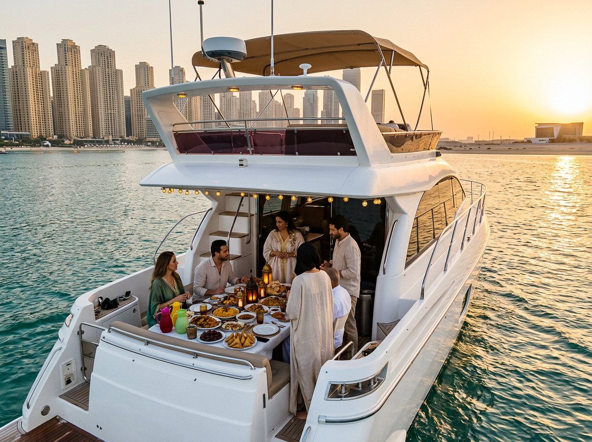 Outdoor dining table on yacht deck with Dubai Marina towers in background