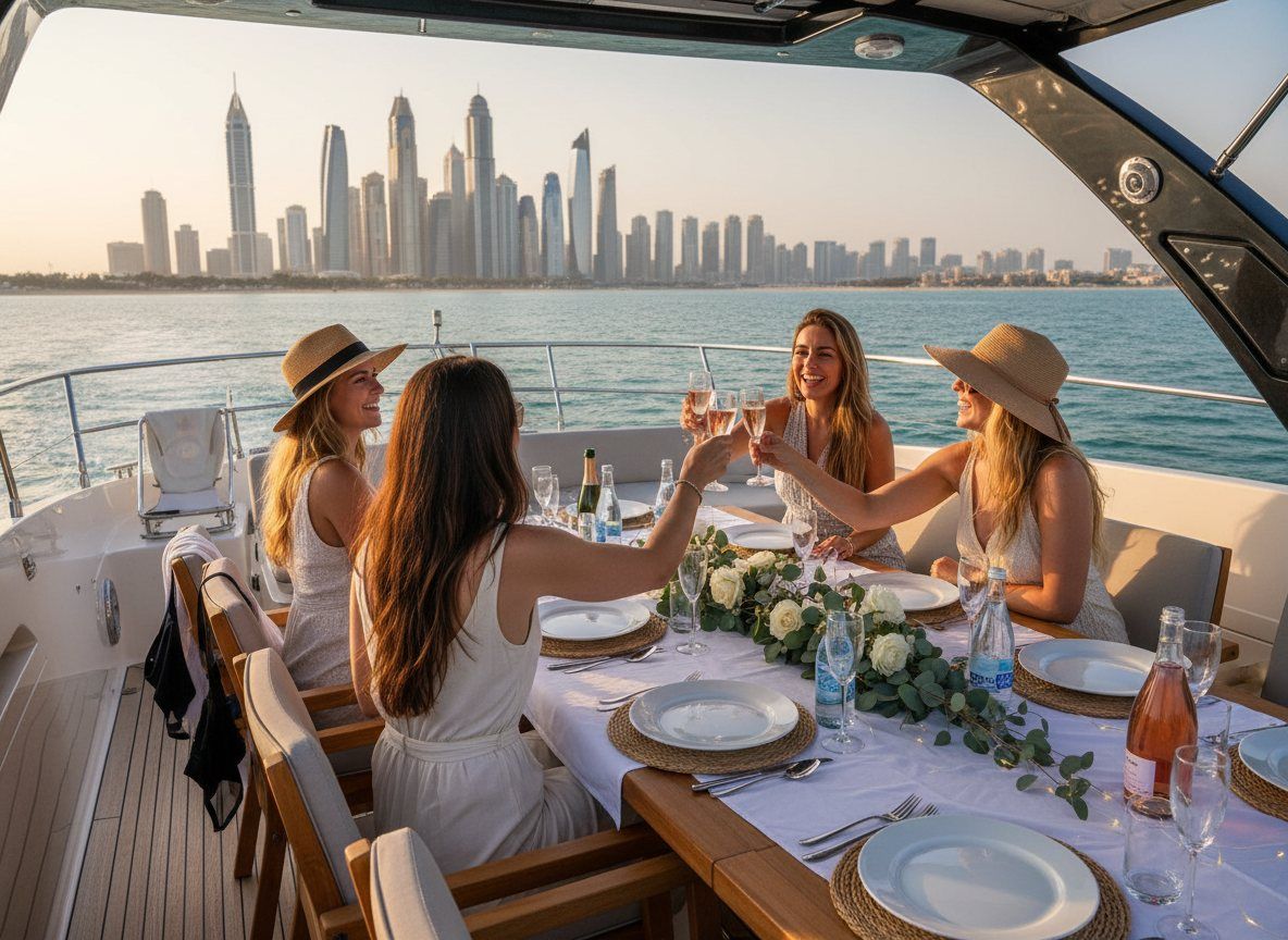 Outdoor dining table on yacht deck with Dubai Marina towers in background