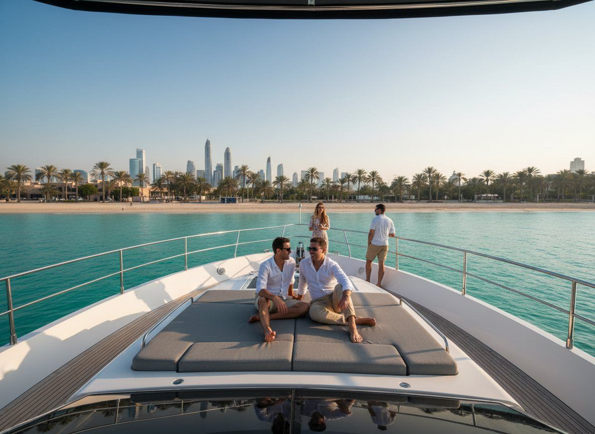Palm-lined Dubai waterfront promenade flanked by tall urban glass towers