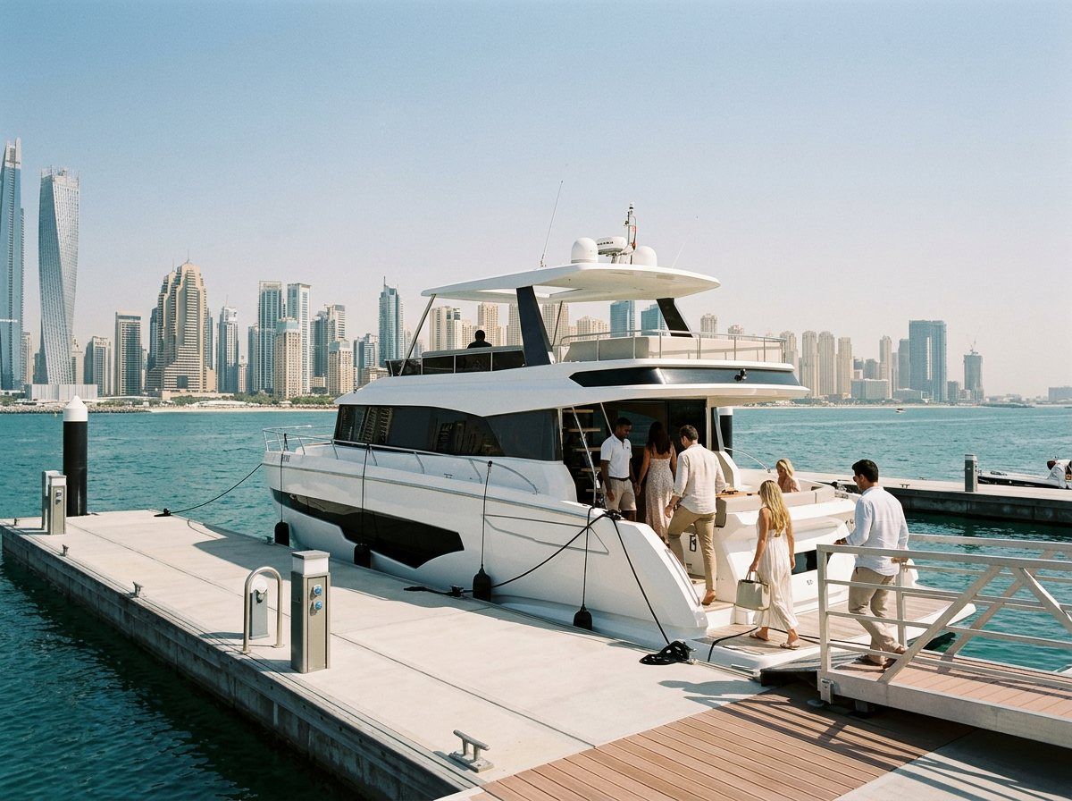 Passengers stepping onboard a white motor yacht from the harbour pier