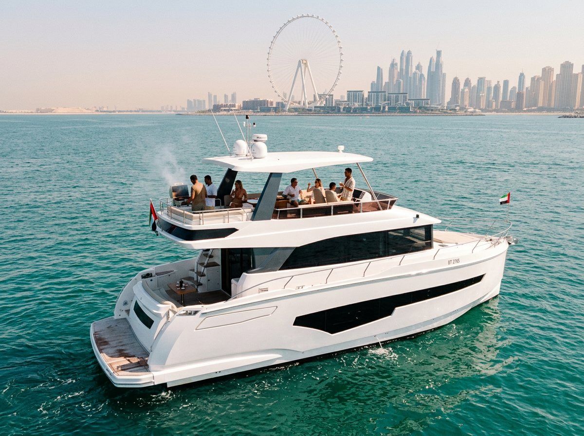 People holding drinks on a yacht top deck with Ain Dubai nearby