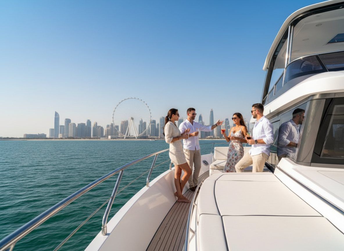 People relaxing with drinks on a yacht flybridge under clear blue skies