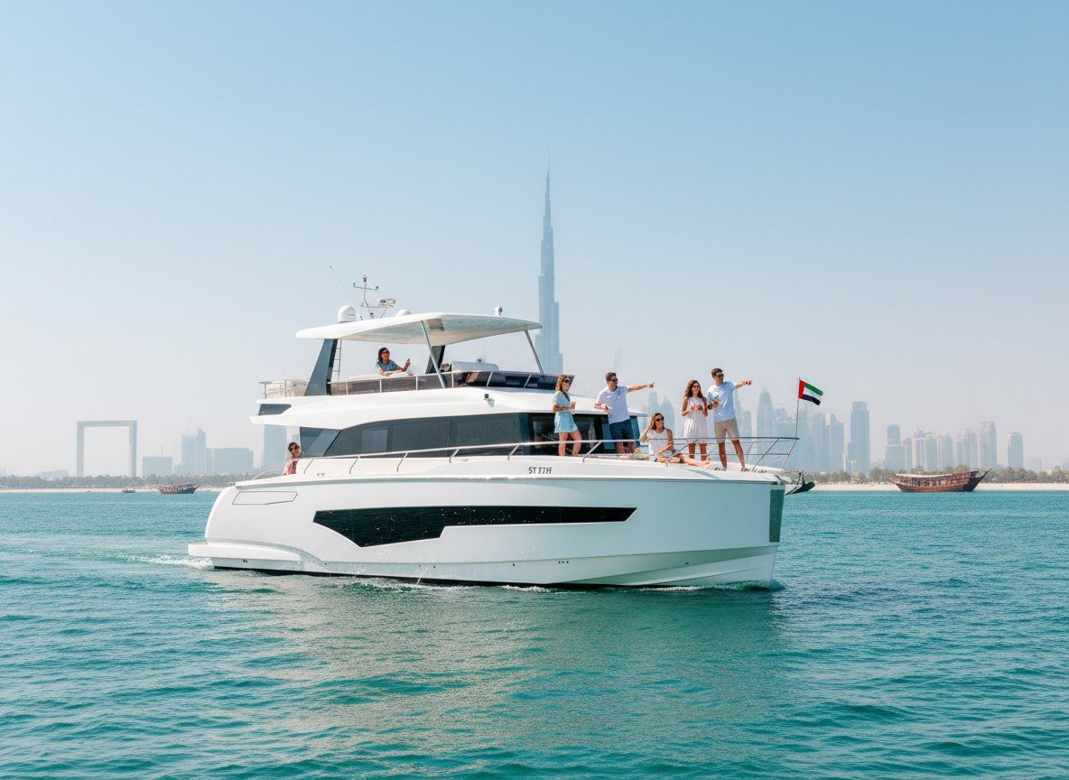 People socializing on the yacht flybridge with the broad Dubai coastline in view