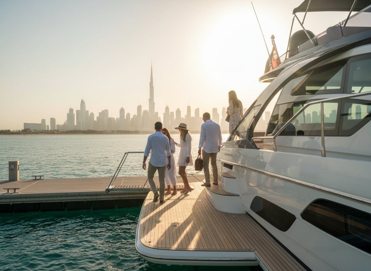 People stepping aboard a motor yacht tied to the marina dock