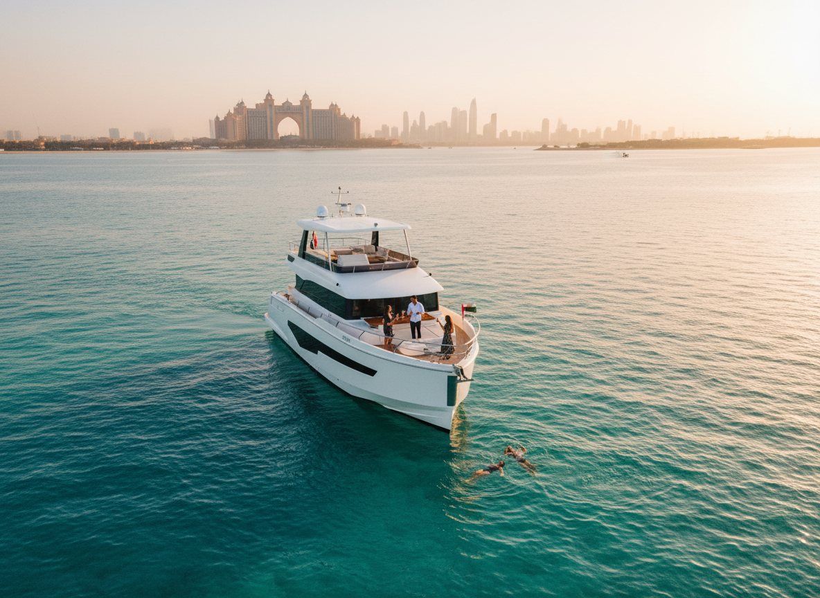 People swimming in calm blue waters near Palm Jumeirah with Atlantis hotel visible