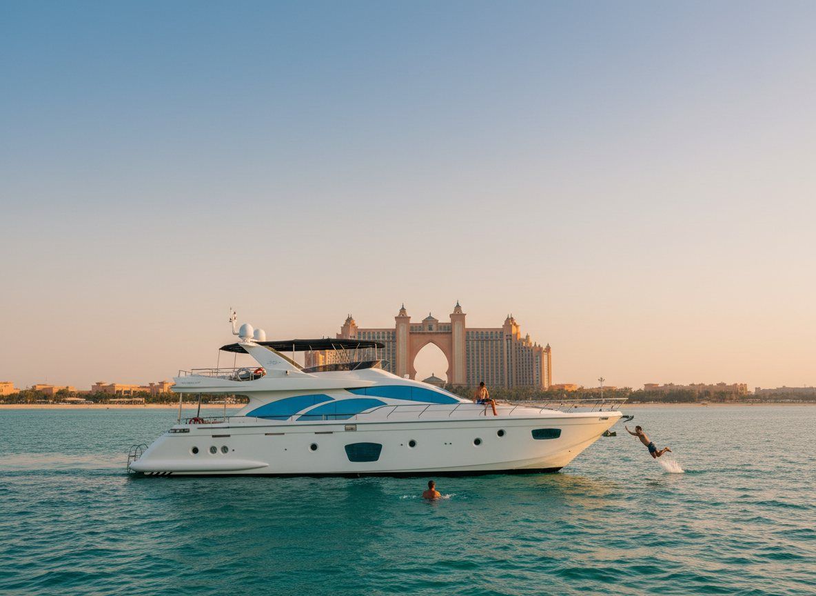 People swimming near a yacht off Palm Jumeirah with Atlantis visible