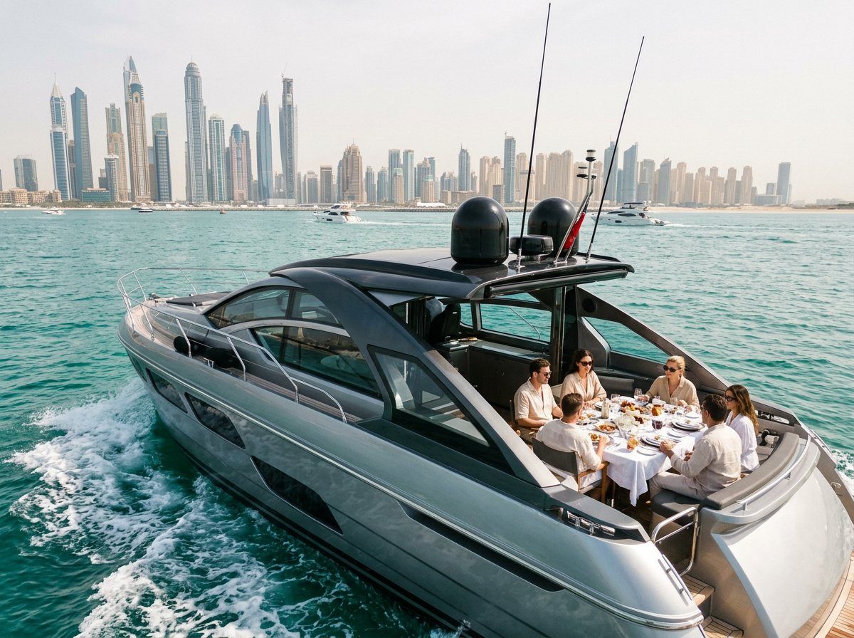 Table dressée sur le pont arrière devant les hauts immeubles de Dubai Marina