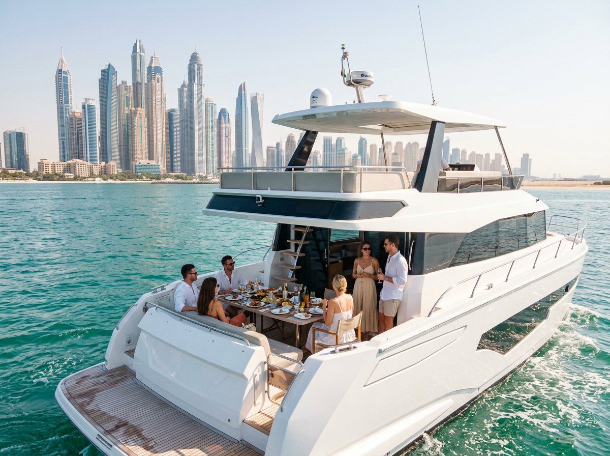 Prepared dining table on yacht aft deck overlooking Dubai Marina modern skyline