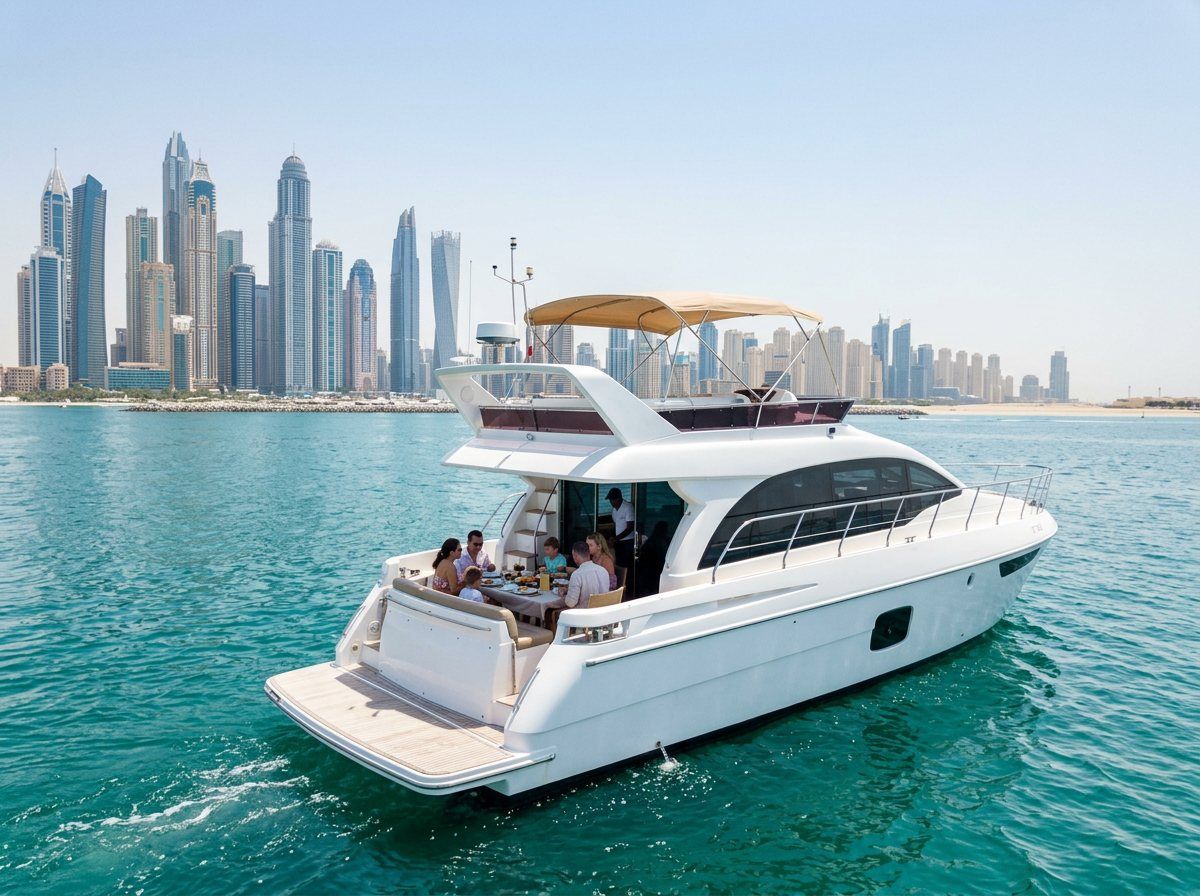 Prepared dining table on yacht aft deck overlooking Dubai Marina modern skyline