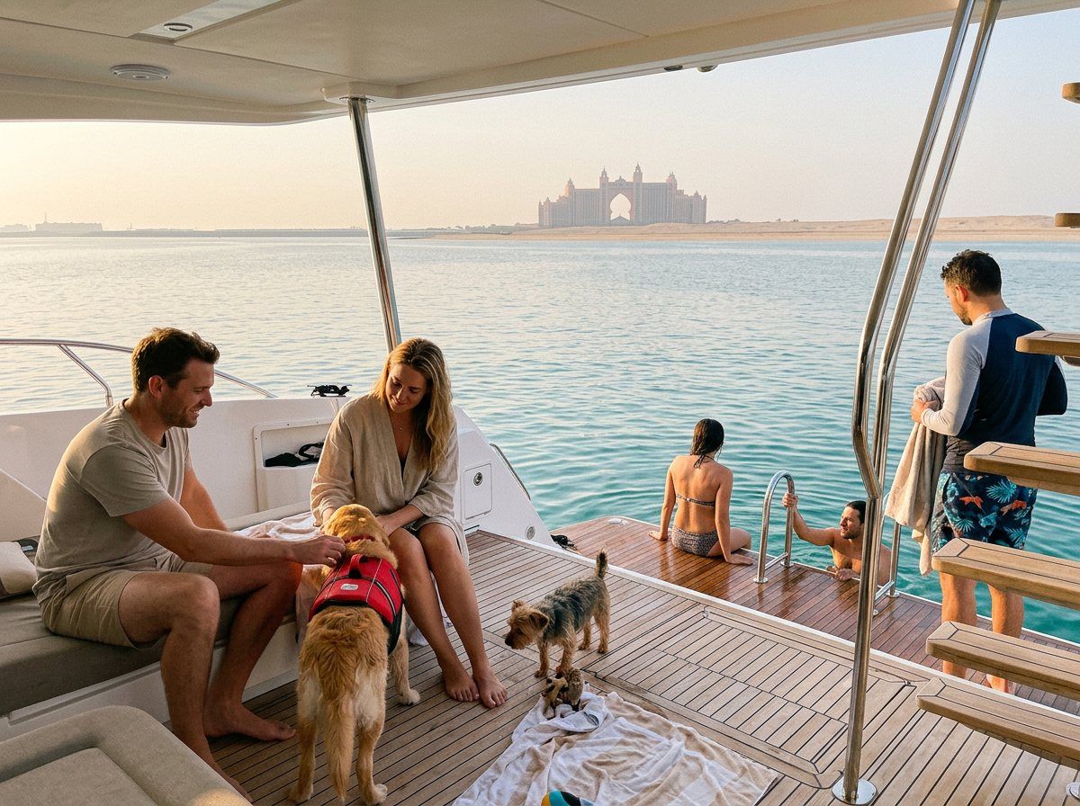 Quiet swim stop by the yacht bow near Palm Jumeirah at early dawn