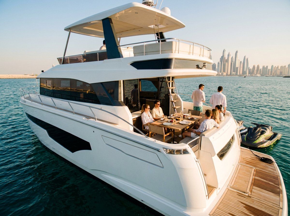 Set dining table on the stern deck overlooking the distant Dubai Marina skyline