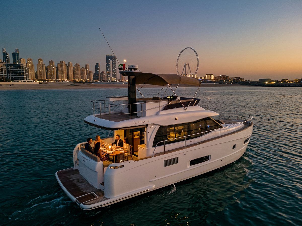 Yacht naviguant au crépuscule devant les lumières scintillantes de la côte de Dubaï
