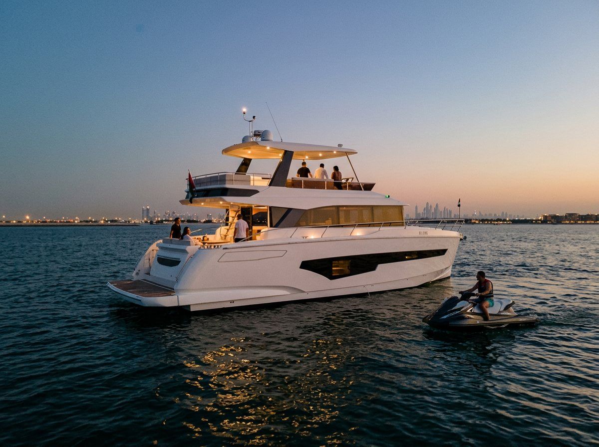 Shimmering lights along the Dubai coast seen across the water from a boat
