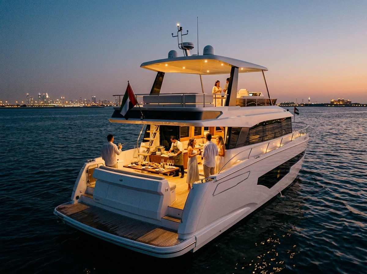 Shimmering lights along the Dubai coast seen across the water from a boat