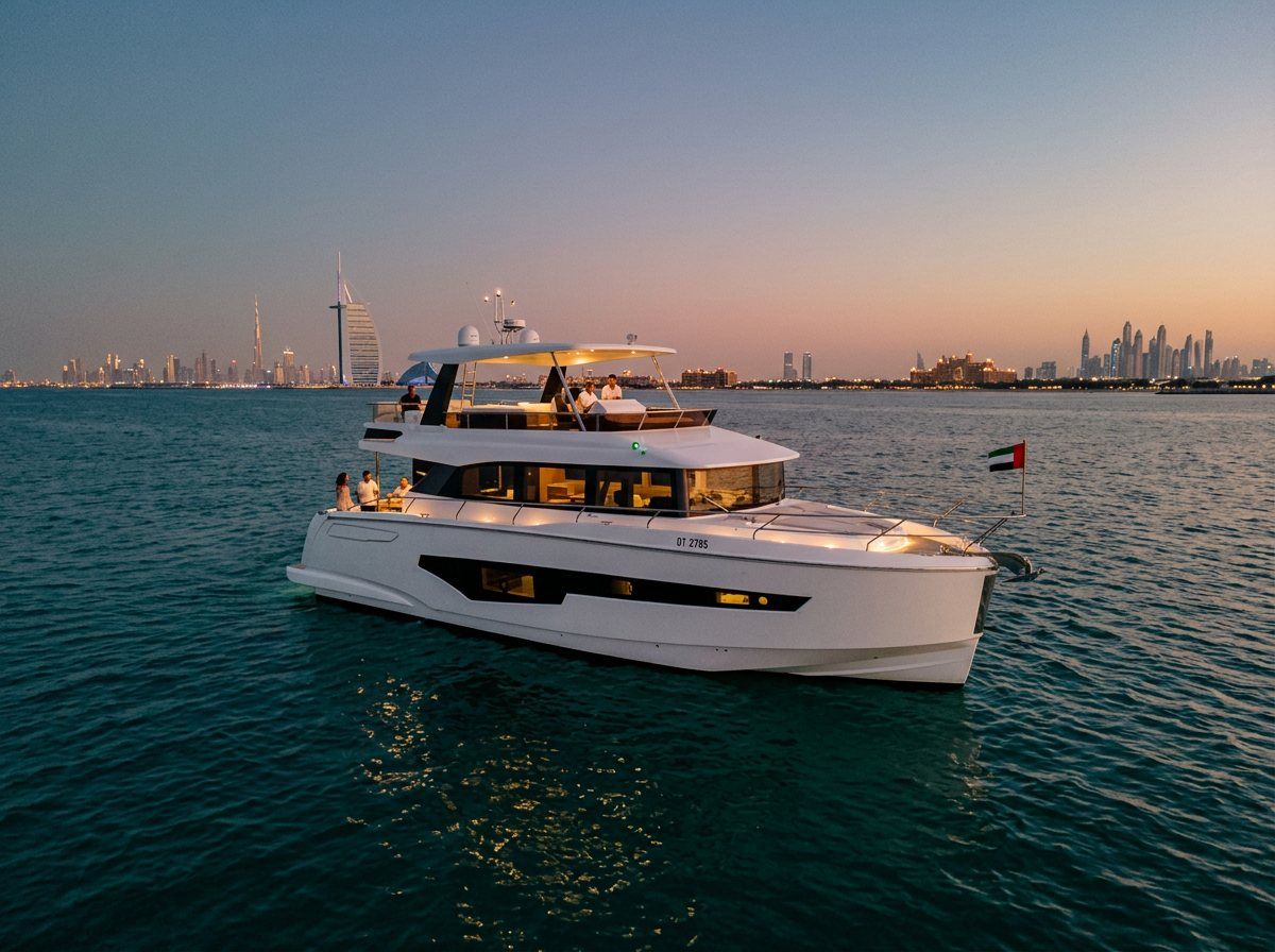 Shimmering lights along the Dubai coast seen across the water from a boat