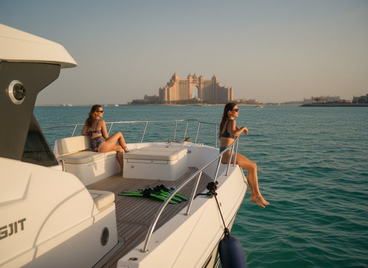 Swimmers around the boat near Palm Jumeirah as afternoon light fades