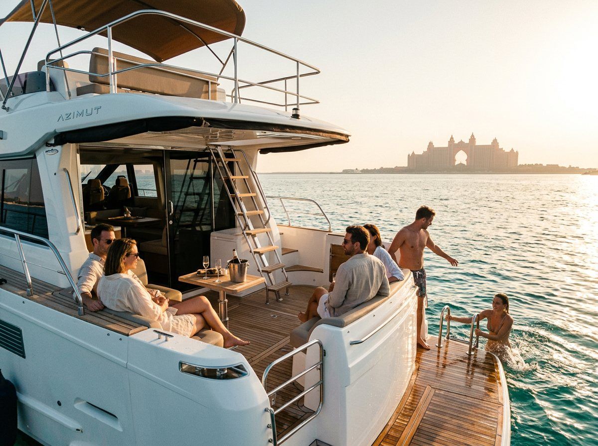 Swimmers around the boat near Palm Jumeirah as afternoon light fades