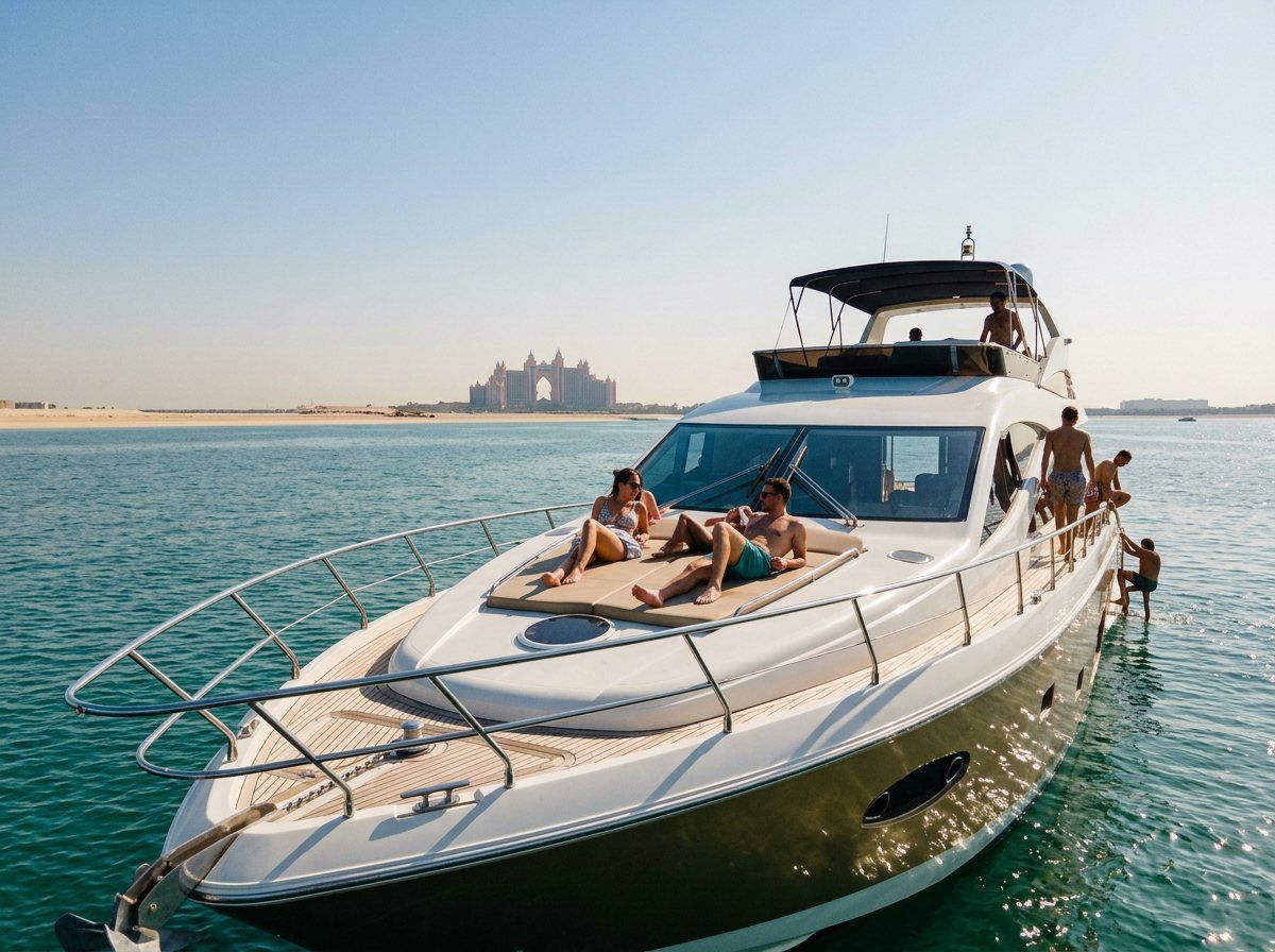 Swimmers enjoying clear waters near the yacht with Atlantis Palm Jumeirah behind them