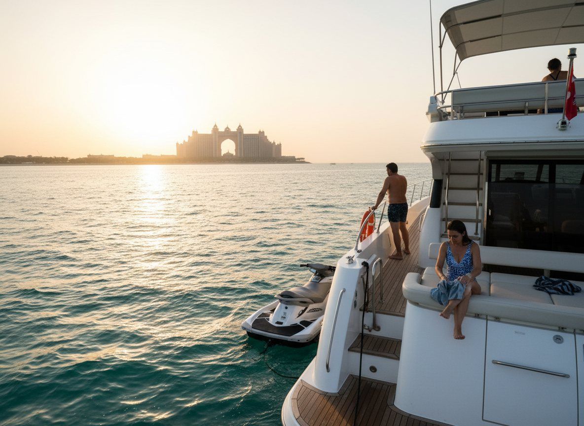 Swimmers enjoying the clear sea near Palm Jumeirah with Atlantis visible in the distance
