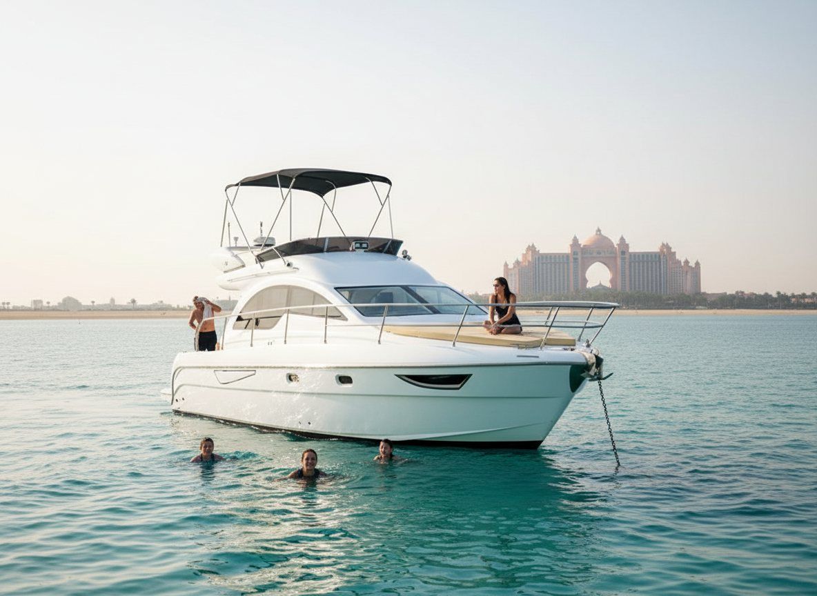 Swimmers in sea near Palm Jumeirah resort coast with Atlantis backdrop