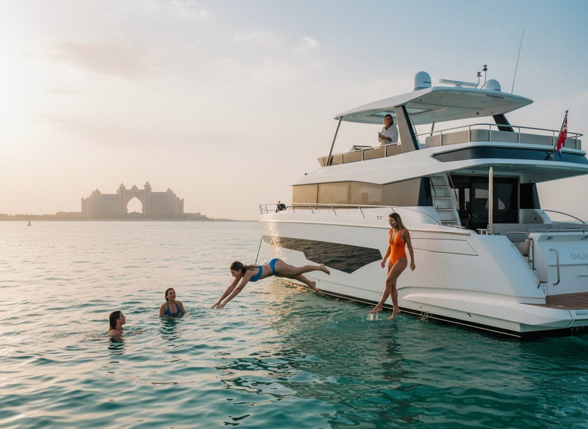 Swimmers in sea near Palm Jumeirah resort coast with Atlantis backdrop
