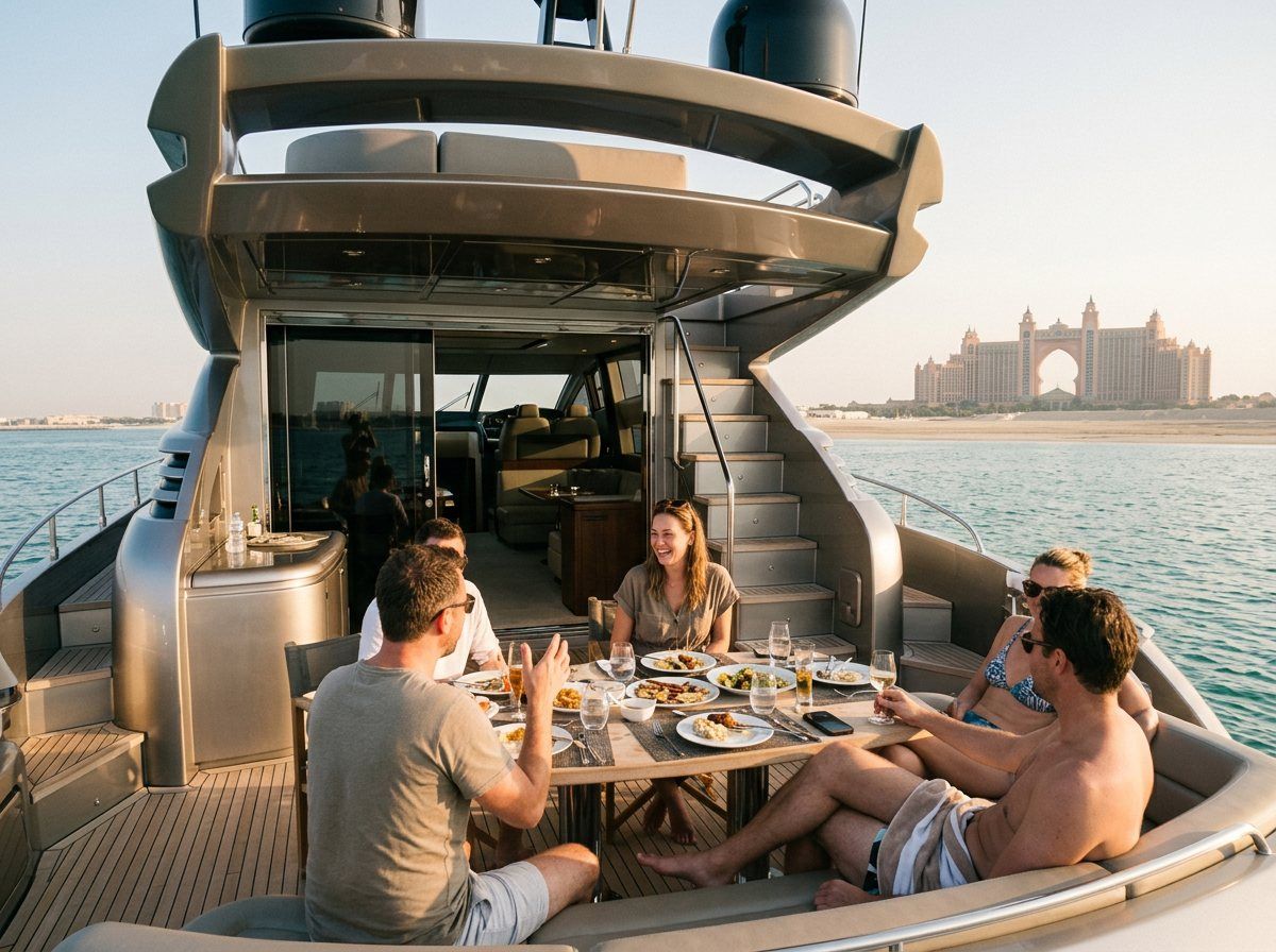 Pause baignade devant Palm Jumeirah avec vue lointaine sur Atlantis The Palm
