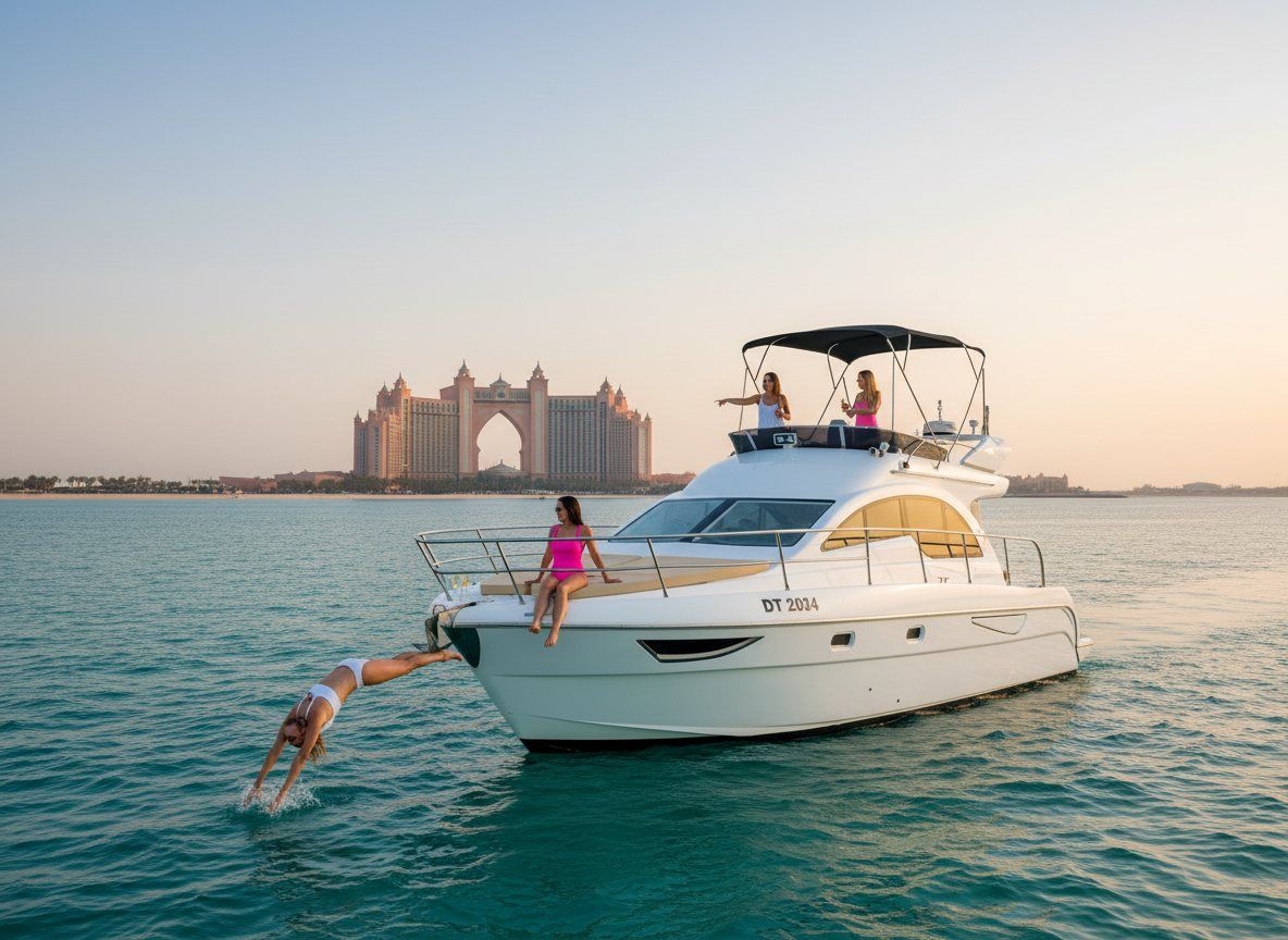 Swimmers in the sea off Palm Jumeirah with Atlantis hotel in the background