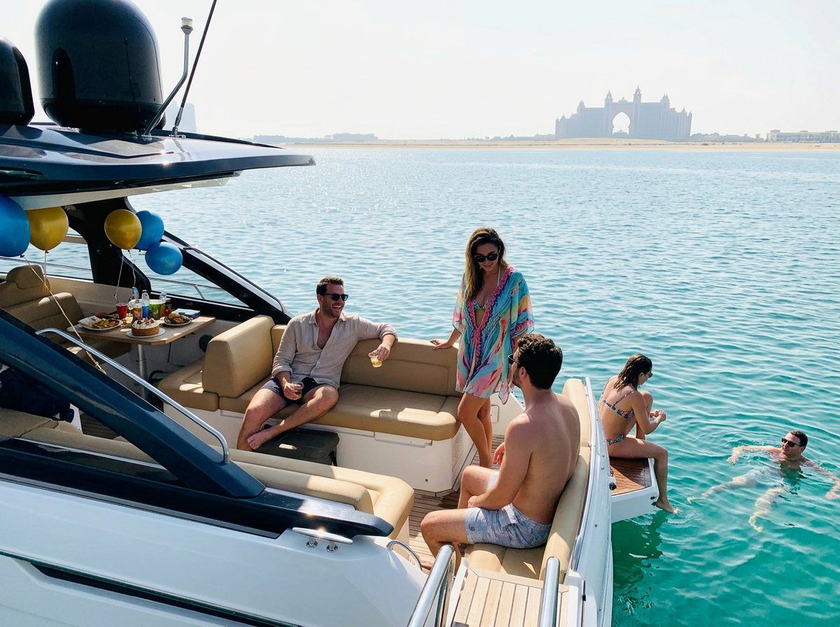 Swimmers relaxing near a yacht with Atlantis The Palm Jumeirah in the distance