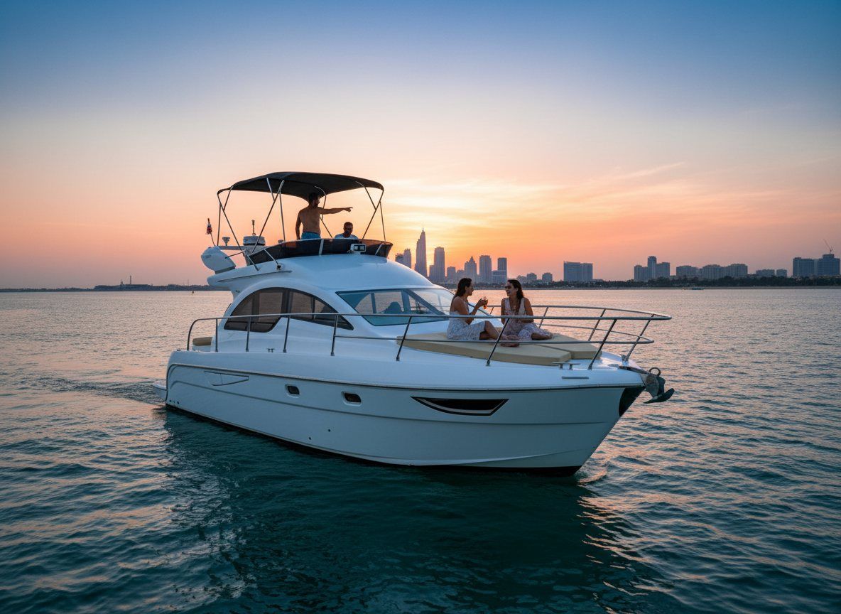 Das Teakdeck einer Yacht mit weißen Polstern bei Sonnenuntergang