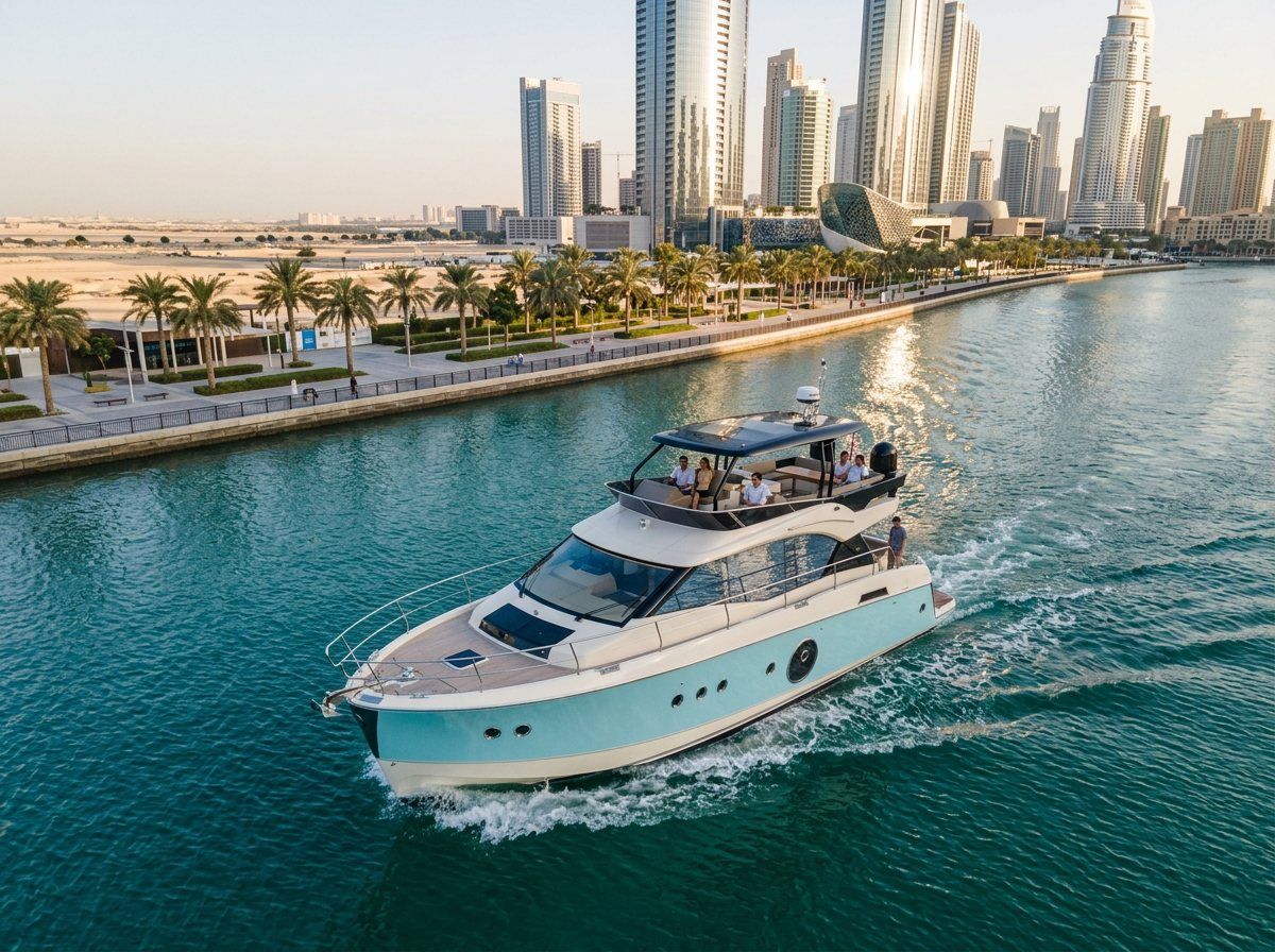The Dubai waterfront promenade framed by lush palm trees and sleek modern towers
