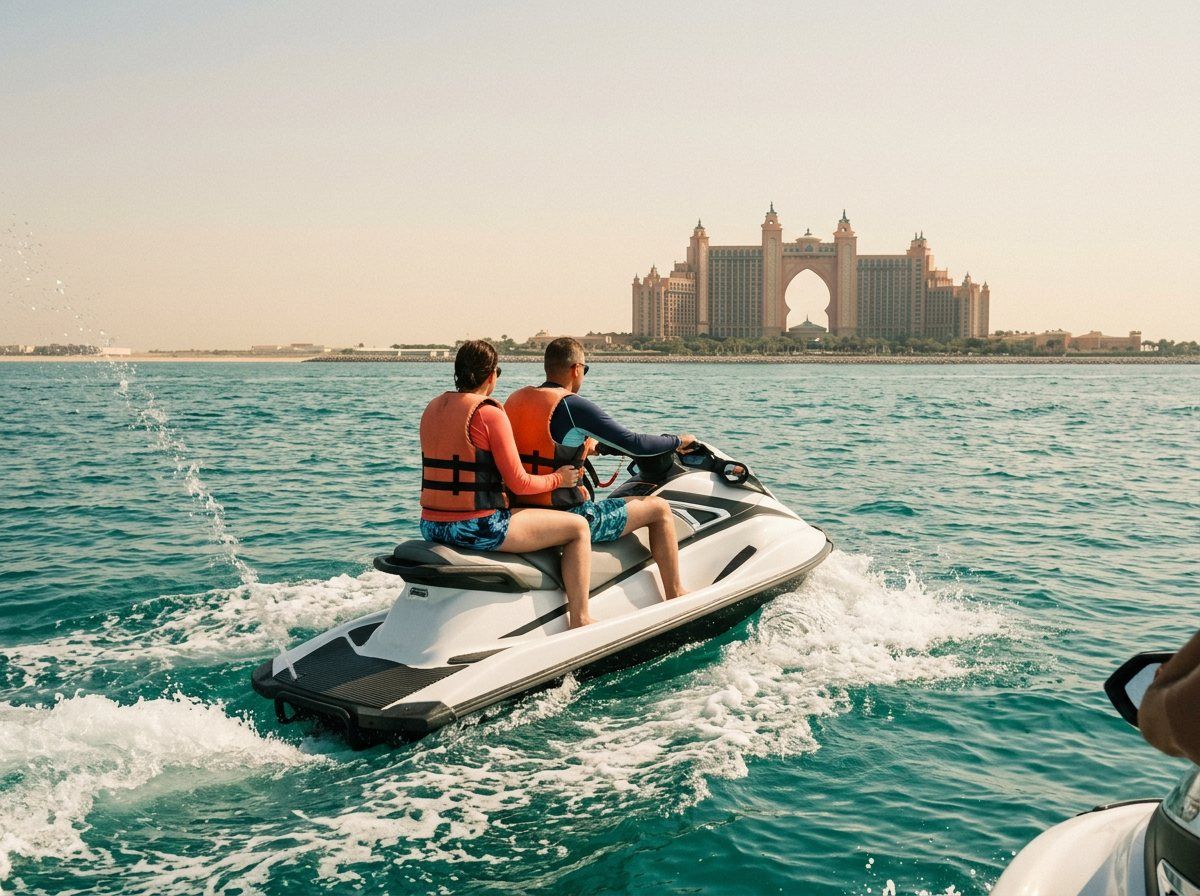 Zwei Personen auf einem Jetski fahren im Meer vor dem Atlantis The Palm