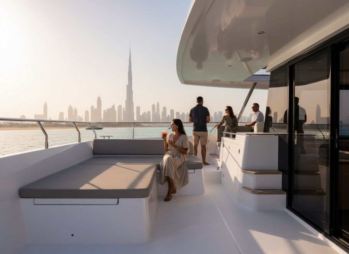 Blick vom Deck einer Motoryacht auf eine spektakuläre Sehenswürdigkeit entlang der Küste Dubais