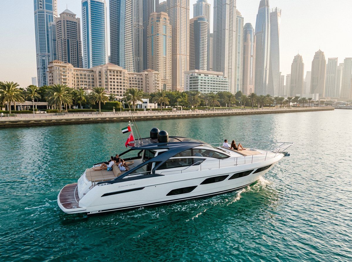 Blick vom Meer auf die Uferpromenade von Dubai mit Palmen und Wolkenkratzern