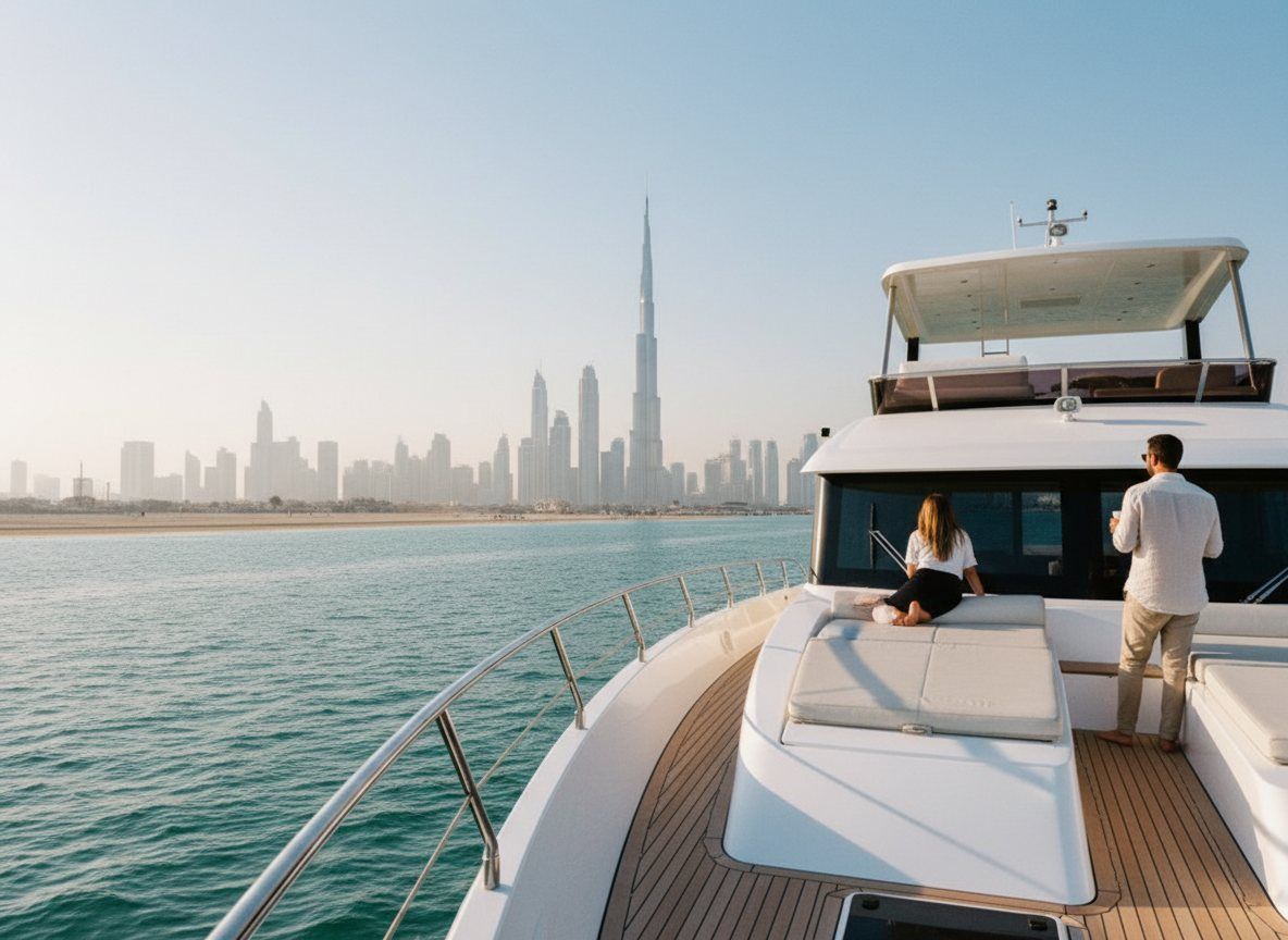 Der Bug einer Yacht vor der morgendlichen Kulisse der bekannten Wolkenkratzer Dubais