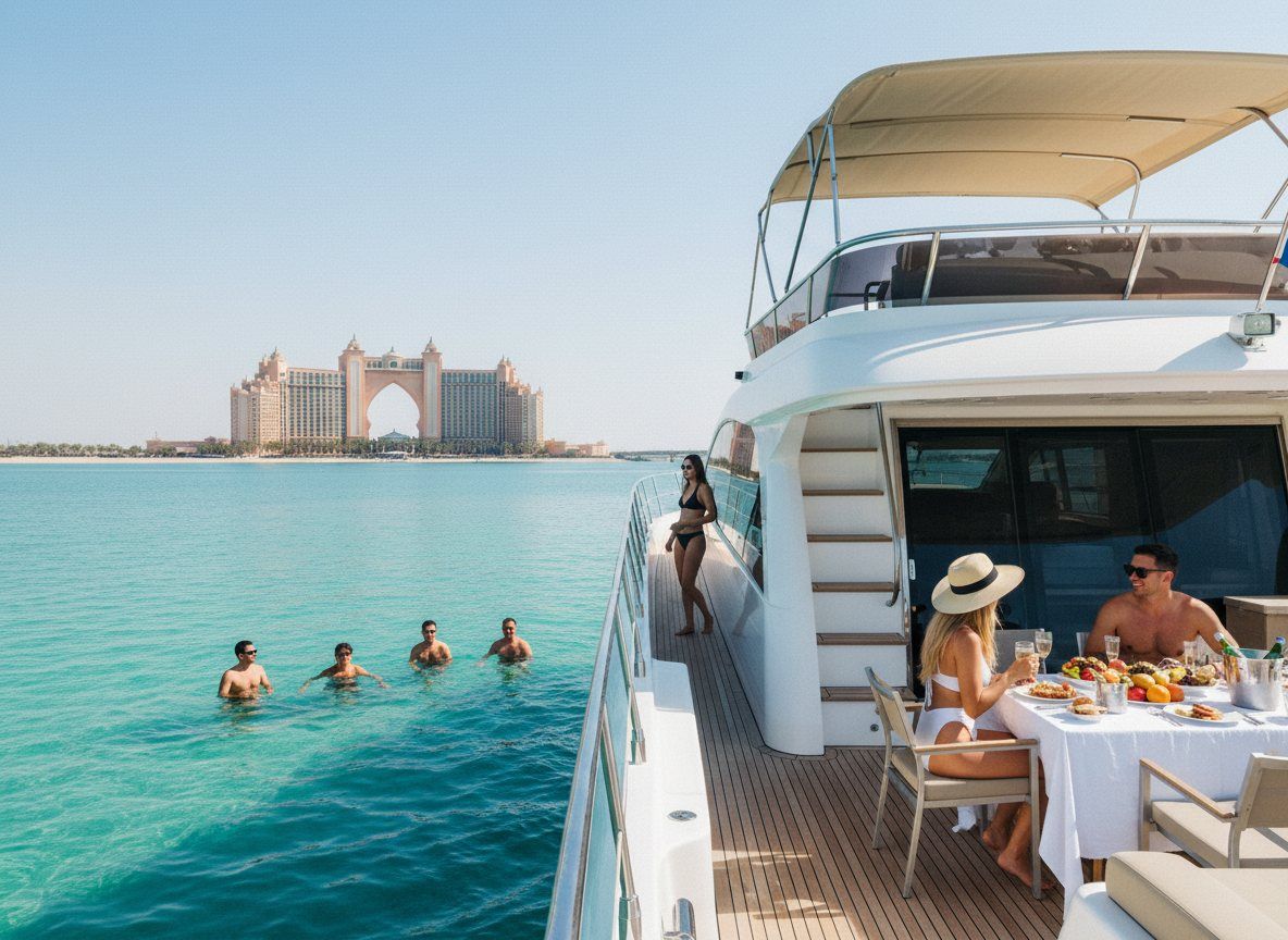 Yacht deck anchored near Palm Jumeirah with Atlantis visible across the water