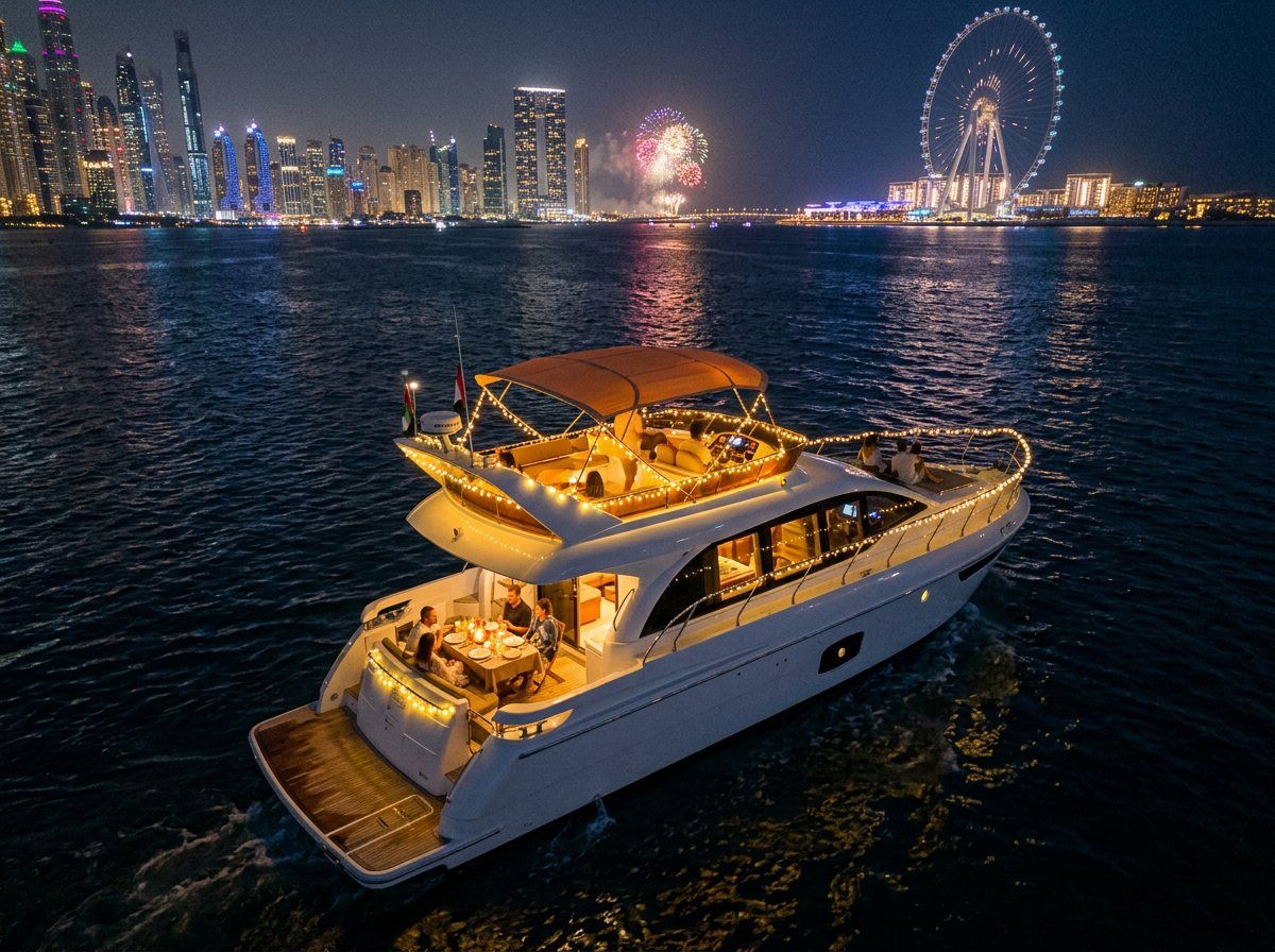 Yacht deck decorated with fairy lights and dinner setup under night fireworks